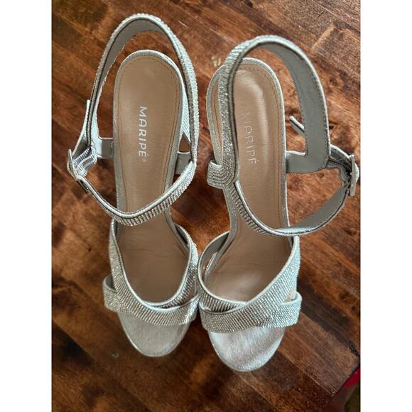 Maripe Silver Open Toe Chunky High Heel Rhinestone Platform Sandals size 11 - Picture 4 of 9